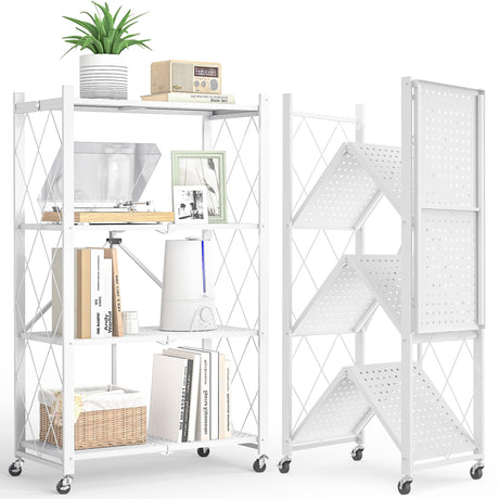 LUCKPRO 4-Tier Folding Metal Storage Rack - 50" Heavy-Duty Steel Frame with Wheels, No Assembly Utility Organizer, Rolling Shelving Unit for Kitchen, Garage, Pantry, Bedroom (White, 4 Tier) LUCKPRO