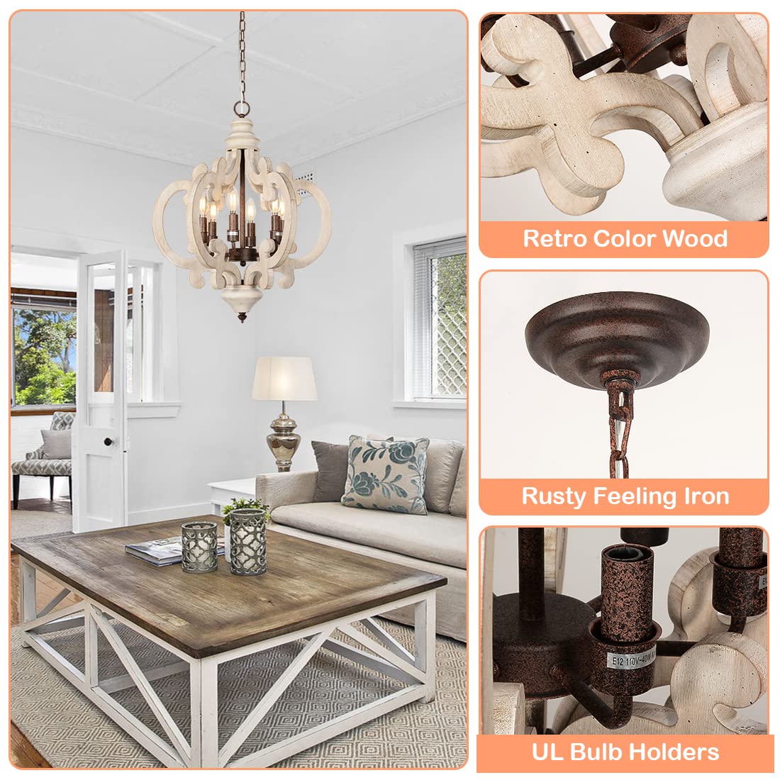 HMVPL Famrhouse Chandeliers for Bedrooms,6-Lights Dining Room Light Fixtures Over Table,Farmhouse Wooden Pendant Light with Candle Sockets,Retro Chandelier for Living Room Kitchen Foyer Island(20.1") HMVPL