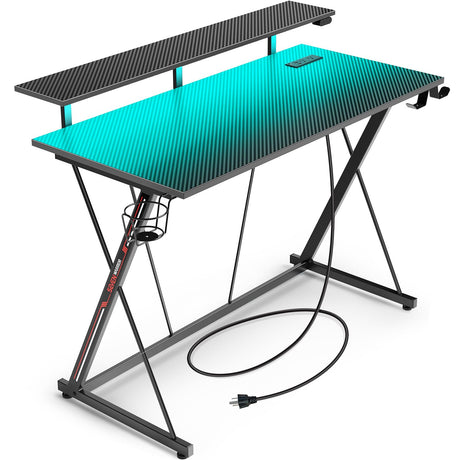 SEVEN WARRIOR Gaming Desk with LED Lights & Power Outlets, 39.4" Computer Desk with Monitor Shelf, Home Office Desk with Cup Holder and Headphone Hook, Ergonomic, Carbon Fiber Surface Black SEVEN WARRIOR