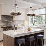 GEPOW Farmhouse Wood Chandelier, Round Wagon Wheel Light Fixture with Seeded Glass Shades for Dining Room, Living Room, Bedroom, Kitchen Island and Foyer GEPOW