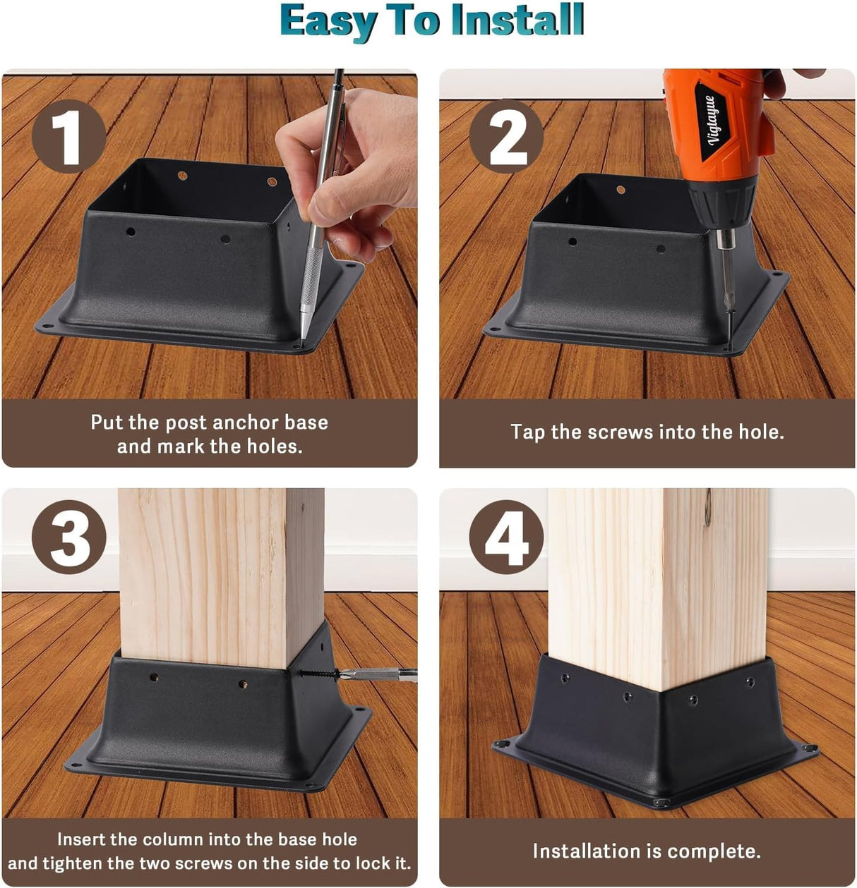 Vigtayue 4x4 Post Base, 6 Pcs, Black Powder Coated Steel, Floor & Wall Mount, Fits 3.6"x3.6" Wooden Posts, Deck, Porch, Railing Support Vigtayue