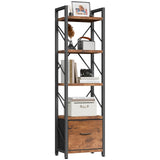 Shintenchi Bookshelf, 5 Tier Bookcase with Drawer, Modern Tall Bookshelves Storage Organizer, Industrial Book Shelves for Bedroom, Living Room, Office, Rustic Brown Shintenchi