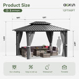 Aoxun 10'x12' Hardtop Gazebo, Aluminum Frame Canopy with Double Galvanized Steel Roof, Outdoor Metal Pavilion with Netting, Curtains for Backyard, Patio and Deck Aoxun