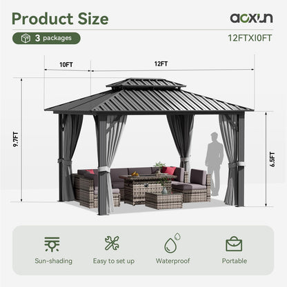 Aoxun 10'x12' Hardtop Gazebo, Aluminum Frame Canopy with Double Galvanized Steel Roof, Outdoor Metal Pavilion with Netting, Curtains for Backyard, Patio and Deck