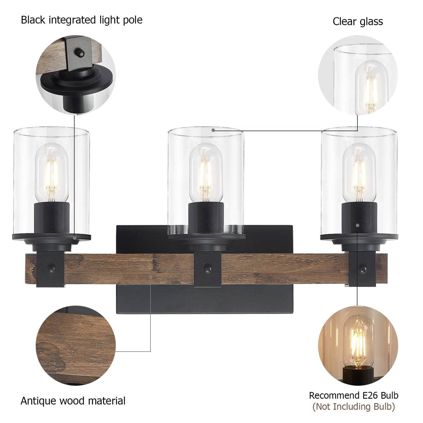 DRNANLIT Wood Vanity Lights,3-Light Farmhouse Bathroom Lighting Fixtures with Clear Glass Shade,Industrial Vintage Rustic Wall Lamp for Bedroom,Living Room,Hallway (3-Light, Antique Wood) - WoodArtSupply