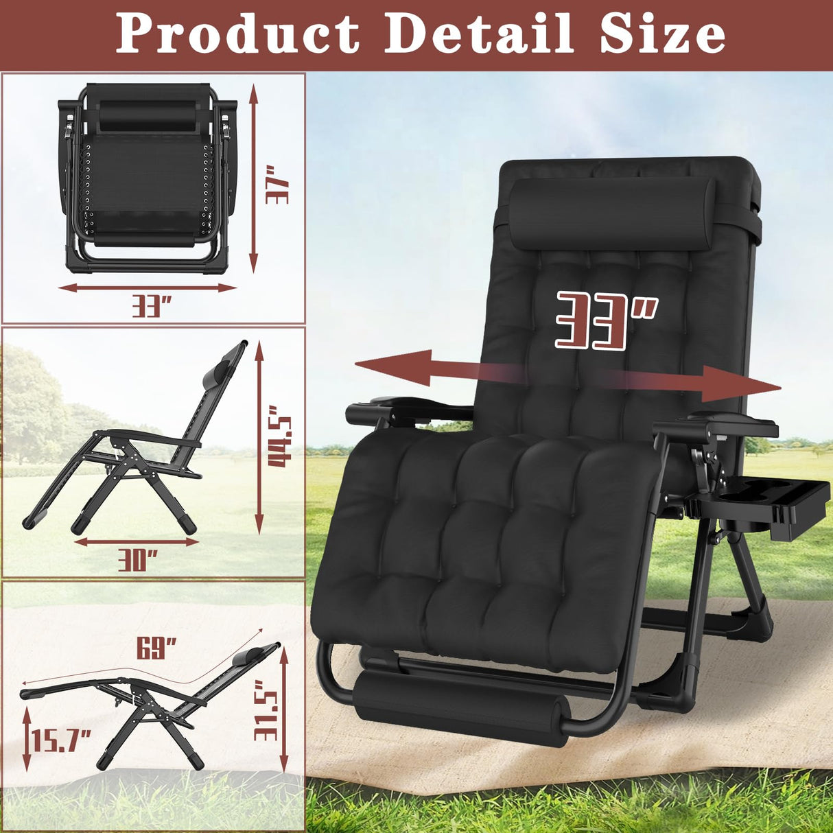 Oversized Zero Gravity Chair with Cushion XXL, 33In Padded Lounge Chair, Recliner Camping Chair W/Full-Alu Alloy Lock, Cushion, Storage Bag, Footrest, Cup Holder, Folding Chair Support 500lbs, Black YOMIFUN