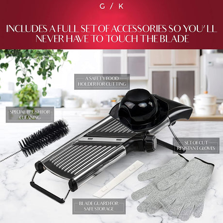 Gramercy Adjustable Mandoline Food Slicer, Mandoline Slicer for Kitchen, Mandolin, Potato, Tomato, Carrot, Vegetable, Fruit and Onion Cutter - Stainless Steel - INCLUDING 1 Pair Cut-Resistant Gloves Gramercy Kitchen Company