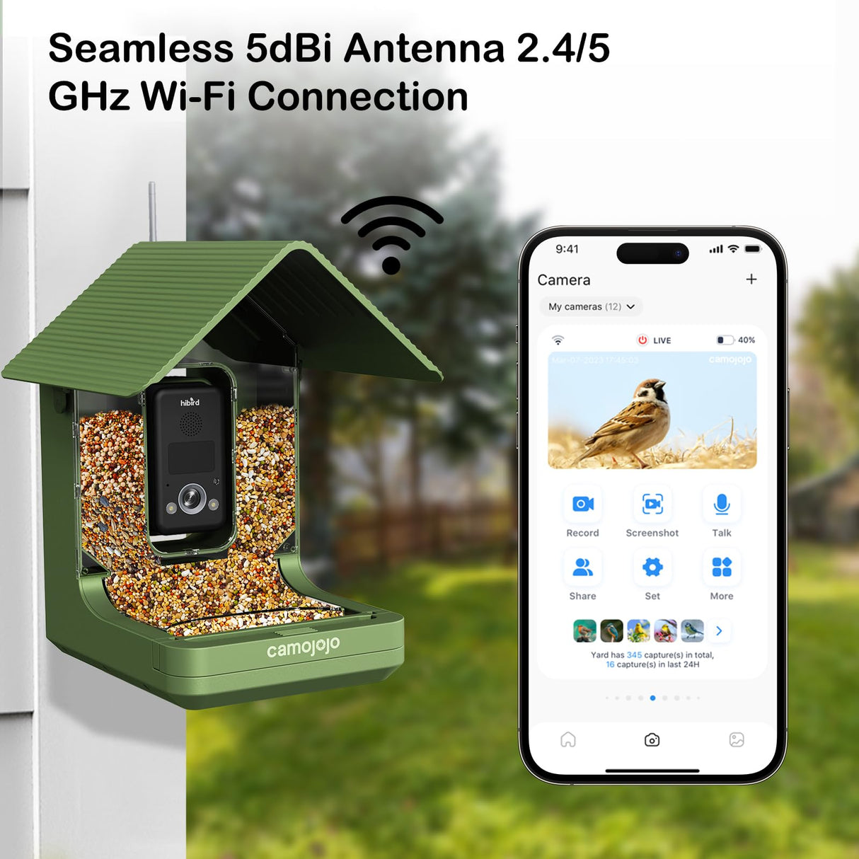 Camojojo Bird Feeder with Camera of 32MP Photo & 4K Video, Smart Bird Feeder with AI Identify, 10000mAh Built-in Battery, Full-Color Night View, 32 SD, IP66, 2.4G/5G Dual WiFi Wireless, Live Function Camojojo