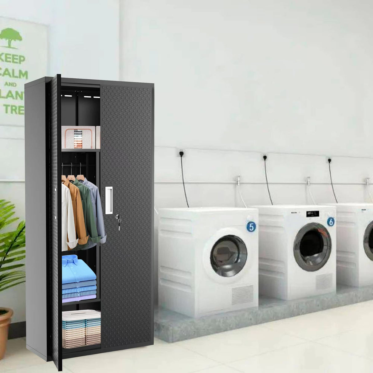 kingwolfox Metal Storage Cabinets Locker for Home Office, 72" Garage Storage Cabinet with Wheels, Lockable Doors and Shelves, Steel Wardrobe Cabinet with Hanging Rod. kingwolfox