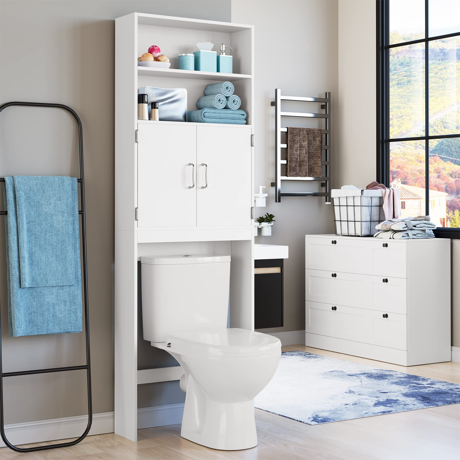 HOSTACK Over The Toilet Storage, Double Door Bathroom Organizer Toilet Cabinet, Freestanding above Toilet Rack with Open Shelves and Adjustable Bottom Bar, 76.8 in H, White - WoodArtSupply