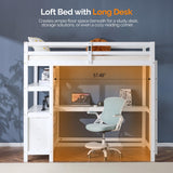 VINGLI Twin Loft Bed with L-Shaped Desk and 3 Storage Drawers, Solid Wood Single Bunk Gamer Bed with RGB LED Light Underneath,2 Charging Stations, White VINGLI
