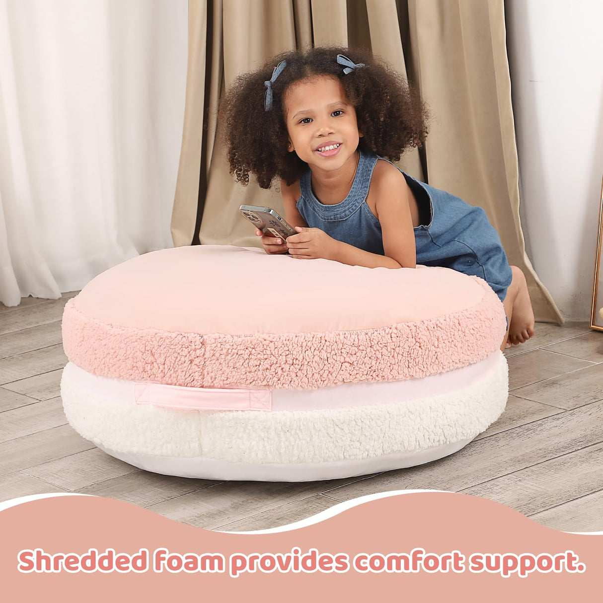 MOMCAYWEX Macaron Bean Bag Chair for Kids and Teens, Medium Bean Bag Sofa with Memory Foam Filling, 27.5"×27.5"×13.5", Pink and White MOMCAYWEX