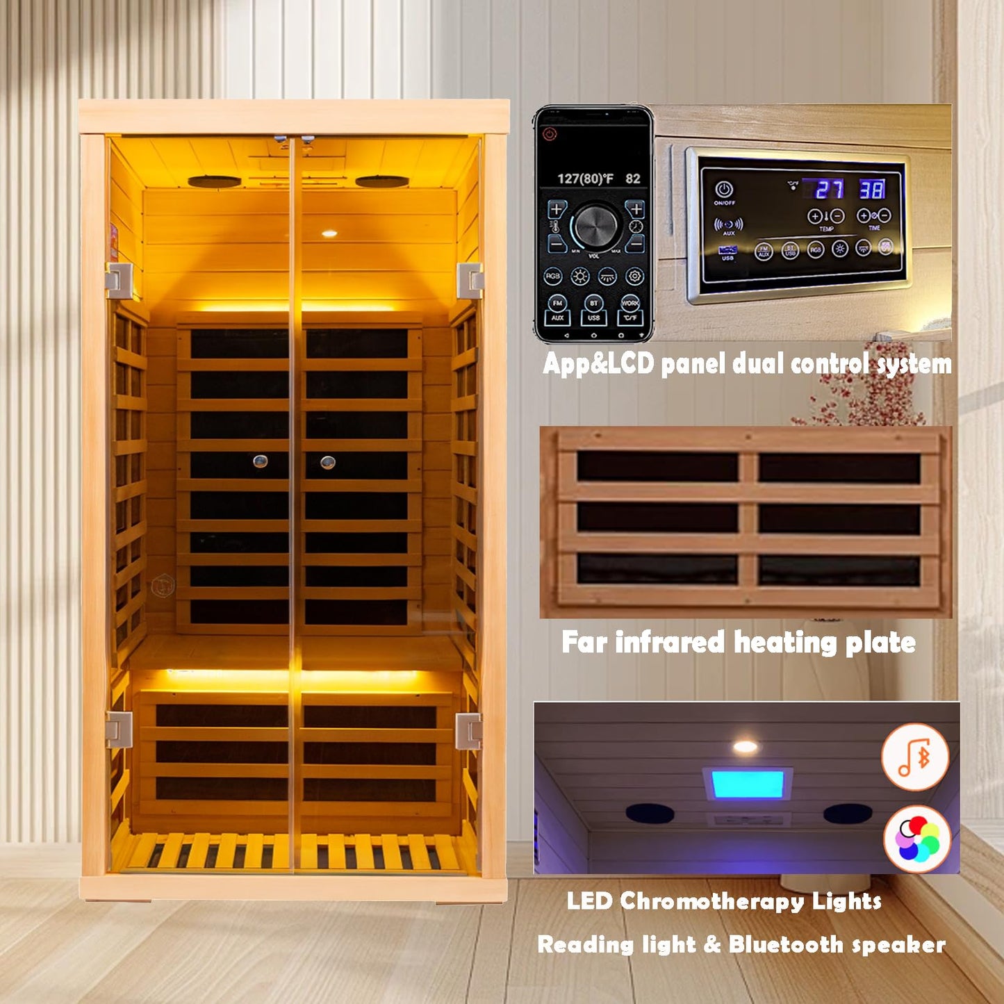 KUNSANA Hemlock Infrared Home Sauna Room 1 Person, Personal Luxury Indoor Sauna Spa, 1420w/120v Ultra Low EMF Heaters, App&LCD Panel Controls, Bluetooth Speakers, Chromotherapy Lights, Reading Lights