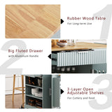 Ball & Cast Fluted Kitchen Island with Trash Can Storage Cabinet,Power Outlet,Internal Storage Rack,Rolling Kitchen Islands On 5 Wheels W/3 Drawer&3 Open Side Racks for 10 Gallon Garbage Bin,Grey Blue Ball & Cast