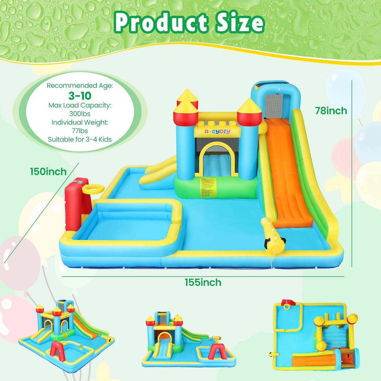 AKEYDIY Bounce House Water Slide for Kids 3-12, Rocket Blast Inflatable Bouncer with UL Blower, 13X12ft Bouncing Castle w/Long Slide, Blow Up Water Slides for Backyard Family Party -Gift for Kids AKEYDIY