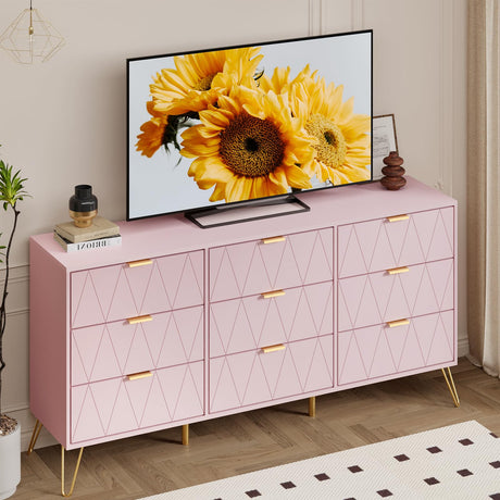 Anbuy Bedroom Sets 3 Pieces Pink Modern 9 Drawer Dresser and Nightstand Sets for Bedroom, Two Drawers Nightstand Set of 2 & 9 Drawer Dresser Combo 3 Pcs (Pink) Anbuy