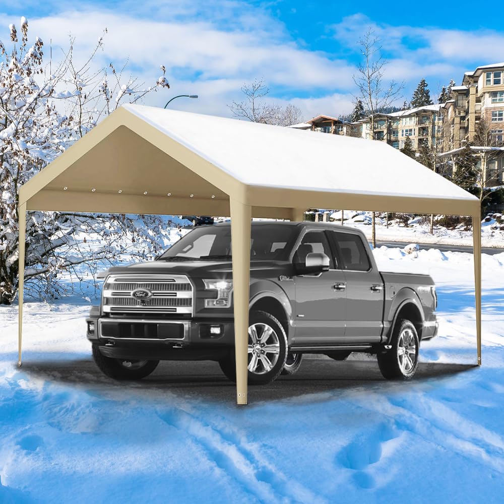 Rutile 10 x 20 FT Carport Replacement Cover, Heavy Duty Car Tarp Canopy Tent Garage Top Shelter Cover with Fabric Leg Pole Skirts and Ball Bungees Beige (Only Top Cover, Frame is not Included) Rutile