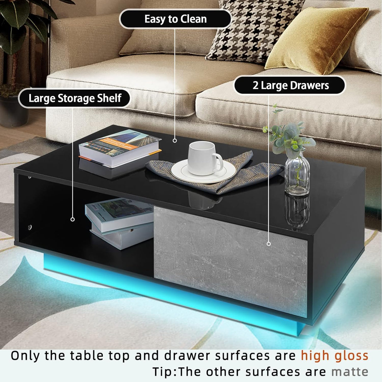 HOMMPA Led Coffee Table for Living Room Grey Black Coffee Table with LED Lights Low Profile Center Table with High Gloss Cocktail Table with Led Lights for Small Place 13" Tall HOMMPA