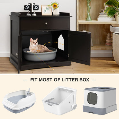 Tangkula Litter Box Enclosure, Cat Litter Box Furniture Hidden with Large Drawer, 2 Doors, Indoor Cat Washroom Storage Bench Side Table Cat House, Large Wooden Enclosed Litter Box Cabinet (Br - WoodArtSupply