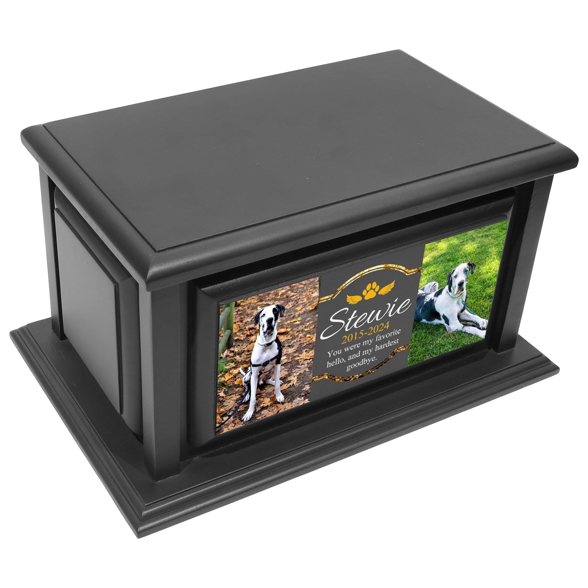 250lbs Personalized Pet Urns Made of Solid Pine Wood, Custom Urn Box for Dog Ashes, Large Burial and Cremation Urns for Dog Memorial, Black Wood Color (Design 1) - WoodArtSupply