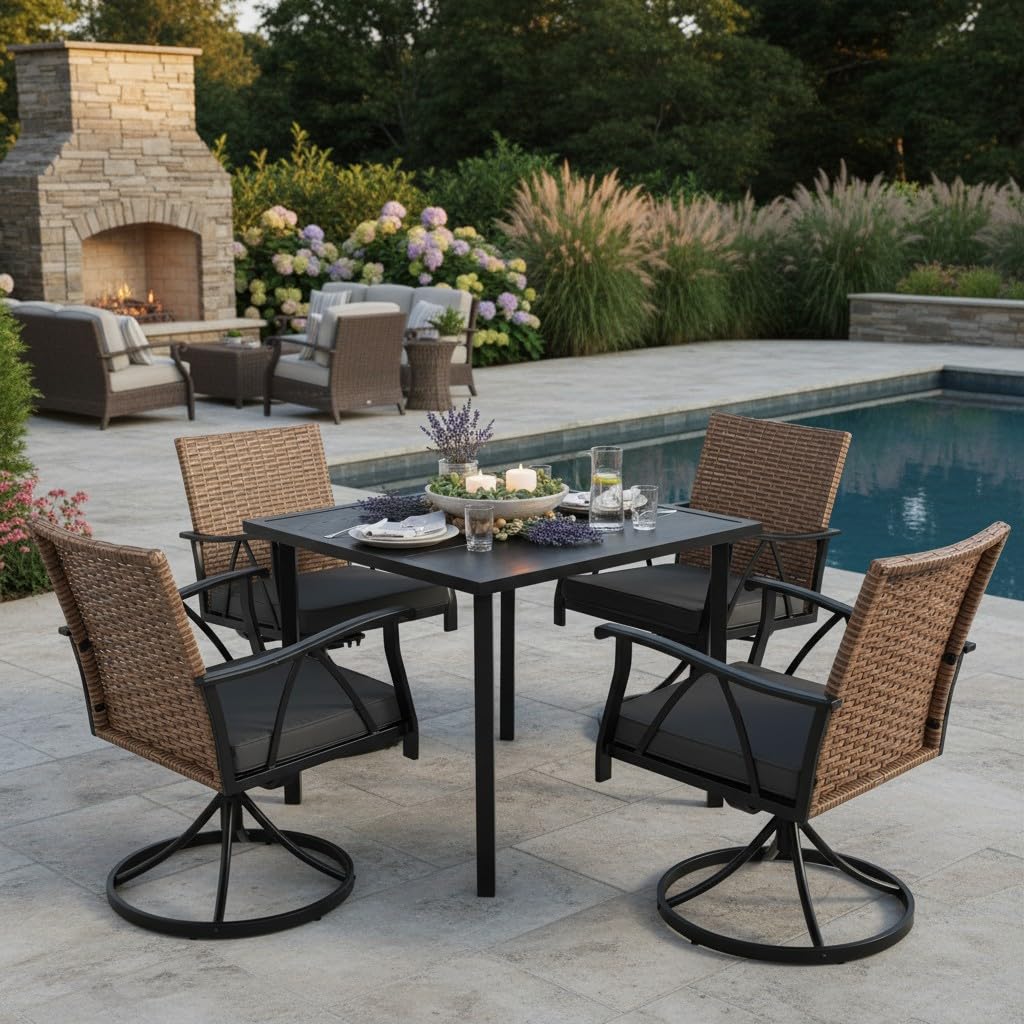 Andehomy 5-Piece Patio Dining Set for 4，Outdoor Dining Set with Wicker Swivel Patio Dining Chairs with Cushions & 1 Black Square Woodgrain Dining Table with 1.75”Market Umbrella Hole, Black & Brown Andehomy