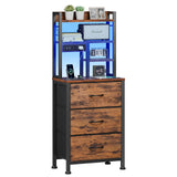 Furnulem Tall Night Stand with LED & USB Ports, 45.3inch Nightstand with Open Bookshelf, Bedside Table with 3 Fabric Drawers for Bedroom/Dorm/Office, Rustic Brown Wood-Metal Frame Furnulem