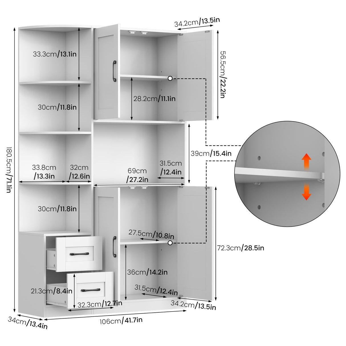 CBBPET 71" Pantry Cabinet with 5-Tier Open Shelf, Tall Kitchen Pantry Storage Cabinet with Microwave Stand, Farmhouse Kitchen Hutch with Storage Drawers for Living Room, Dining Room, White CBBPET