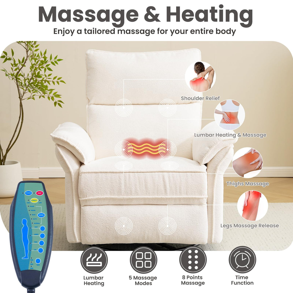 Rhevoy Oversized Power Recliner Chair Swivel Glider with Massage and Heat, Rocker Nursery Recliner for Adults with Adjustable Headrest, 26" Extra Wide Nursery Chair with Overstuffed Armrest,White Rhevoy