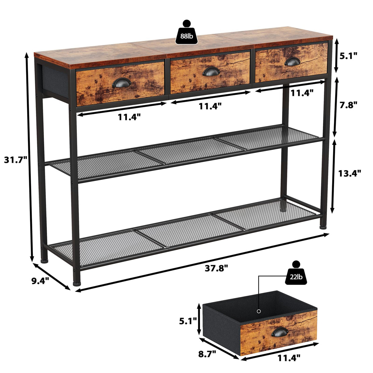 Rustic Brown 38'' Furologee Console Sofa Table with 3 Fabric Drawers and Storage Shelves Furologee