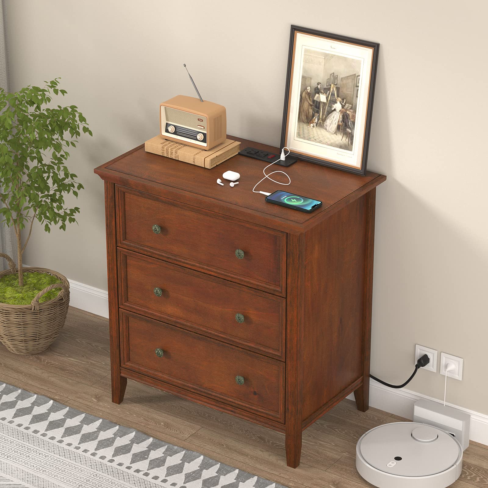 IKENO Nightstand with 3 Drawers and Charging Station, Solid Wood Nightstand Organizer for Bedroom - WoodArtSupply