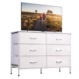 WLIVE Wide Dresser with 6 Drawers, TV Stand for 50" TV, Entertainment Center with Metal Frame, Wooden Top, Fabric Storage Dresser for Bedroom, Hallway, Entryway, White WLIVE