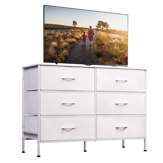 WLIVE Wide Dresser with 6 Drawers, TV Stand for 50" TV, Entertainment Center with Metal Frame, Wooden Top, Fabric Storage Dresser for Bedroom, Hallway, Entryway, White - WoodArtSupply