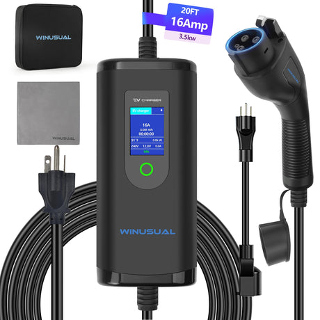 WINUSUAL Portable Level 1 & 2 EV Charger,16A 110-240V with Fix Time Charge, 20FT Cable, NEMA 6-20 Plug and NEMA 5-15 Adapter, SAE J1772 EV Electric car Charger, Current Adjustable(NOT for Tesla) WINUSUAL