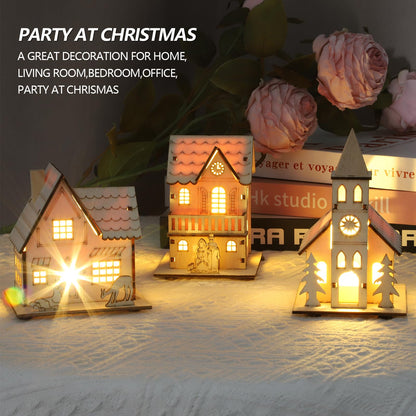 Junger 3-Pieces LED Christmas Village Houses Set Christmas Wooden DIY Unfinished Puzzle Christmas Luminous House Decoration Santa Claus Festival Decoration Wooden Crafts Home Desktop Decorati - WoodArtSupply