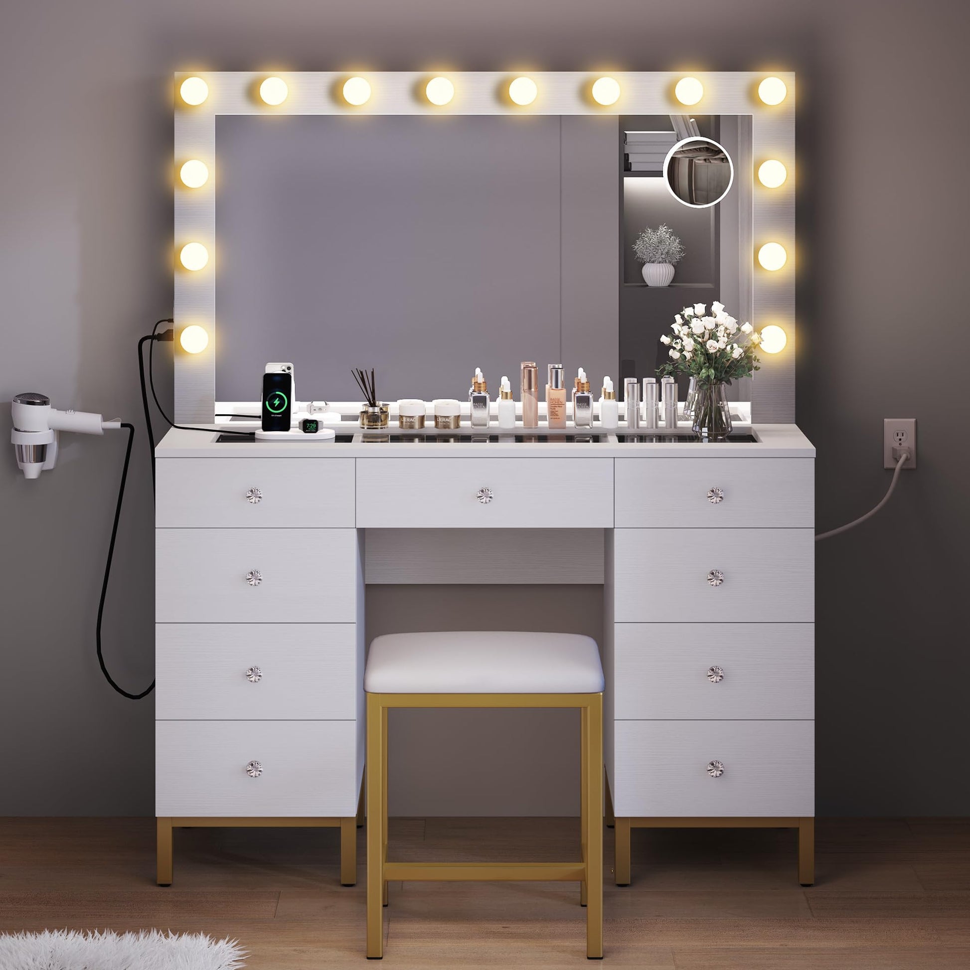 YITAHOME Vanity Desk Set with LED Lighted Mirror & Power Outlet, 14 Hollywood Bulbs Lighted 9 Drawers Makeup Vanities Dressing Table with Magnifying Glass Stool, White - WoodArtSupply