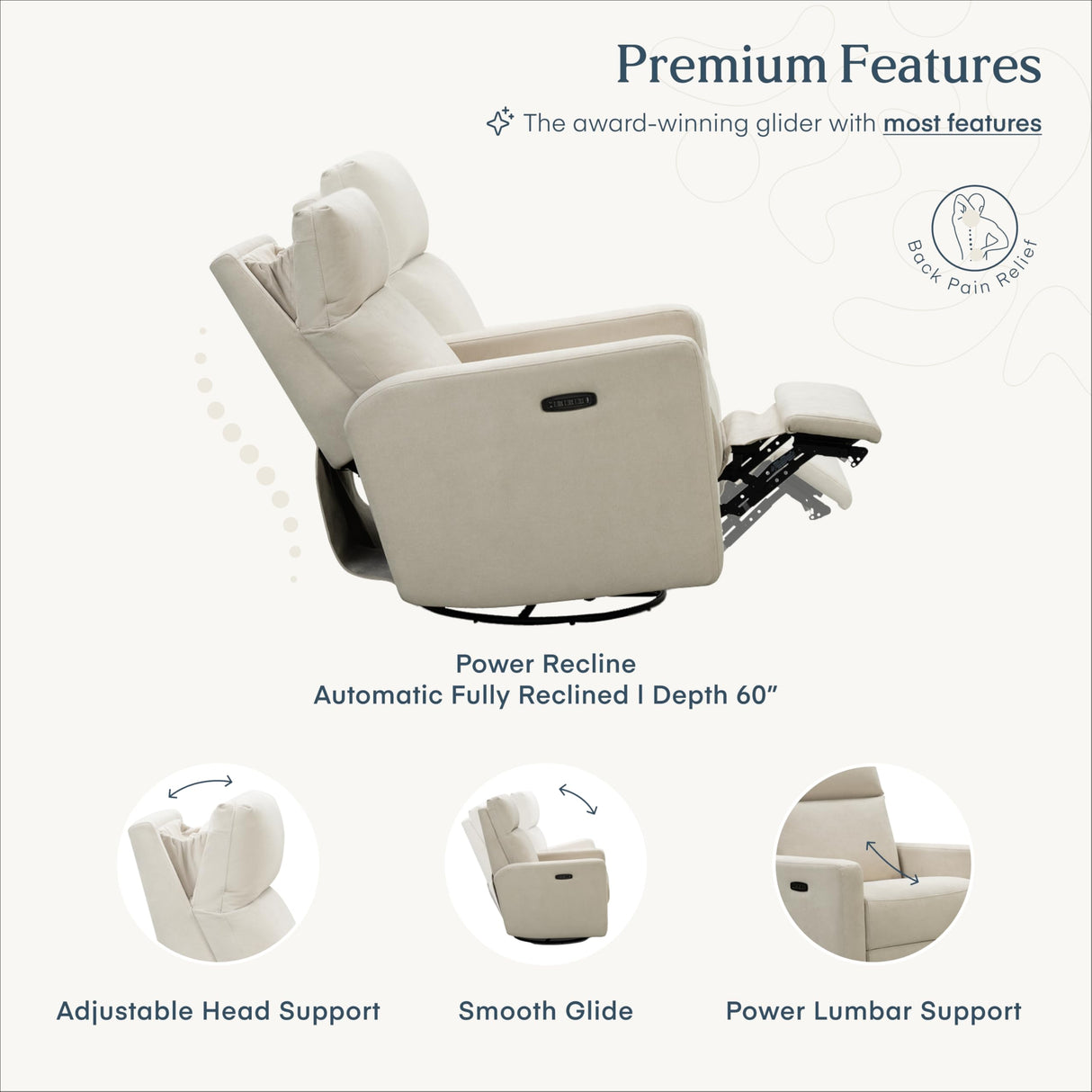 Nurture& The Glider Plus - Premium Nursery Power Recliner | Swivel Chair with Adjustable Head Support and Adjustable Lumbar Support | Built-in USB - The Ultimate Comfort for Nursing, Relaxing (Ivory) Nurture&
