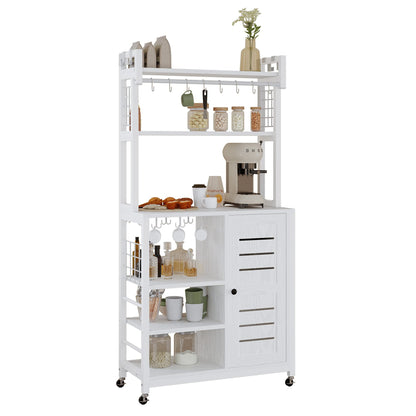 IRONCK Bakers Rack, Microwave Stand with Power Outlets, Kitchen Storage with Wheels and Feet, Coffee Station with Cabinets and 10 S-Hooks, White