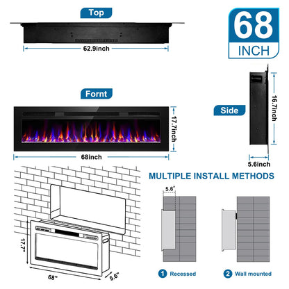 68 Inch Electric Fireplace Recessed and Wall Mounted, Fireplace Heater and Linear Fireplace, Ultra-Thin Electric Fireplace, Low Noise, with Timer, Remote Control, Adjustable 12 Flame Color, 750/1500W