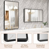 pertetey New Upgrade 55X30 Inch Wall Mounted Bathroom Mirror, Black Metal Frame Rounded Rectangle Mirror, Bathroom Vanity Mirror with Tempered Glass for Washroom Bedroom Living Room pertetey