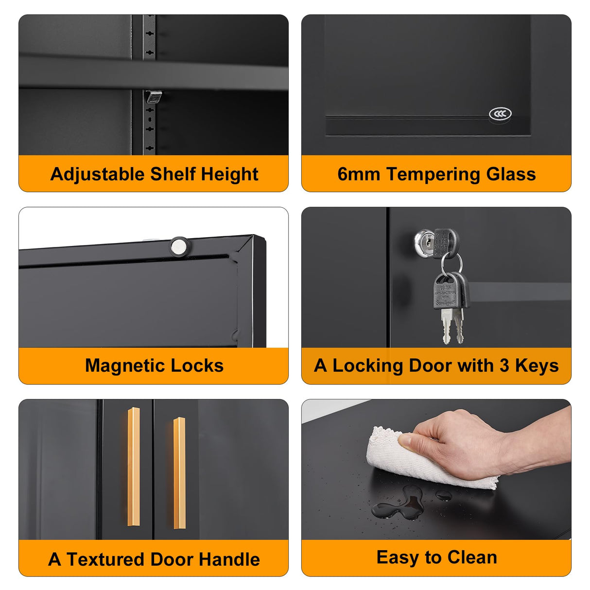 71" Tall Black Locking Cabinet, Metal Storage Cabinet with Glass Doors, Glass Display Cabinet, Curio Cabinet with 4 Adjustable Shelves, Cabinet for Home Office, Kitchen, Living Room- Assembly Required MetalMax