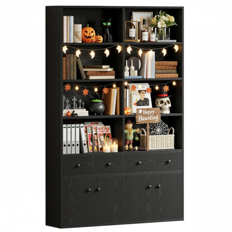 IRONCK 78.7" Bookcase with 4 Drawers and 4 Doors, 6 Tier Large Bookshelf with Storage, Floor Standing Display Storage Shelves, Tall Storage Cabinet for Living Room (Vintage Black) IRONCK