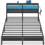Seventable Bed Frame King Size with Charging Station, LED Bed with Upholstered Storage Headboard, Metal Platform Bed with Under Bed Storage, No Box Spring Needed, Noise Free, Easy Assembly, Grey Seventable