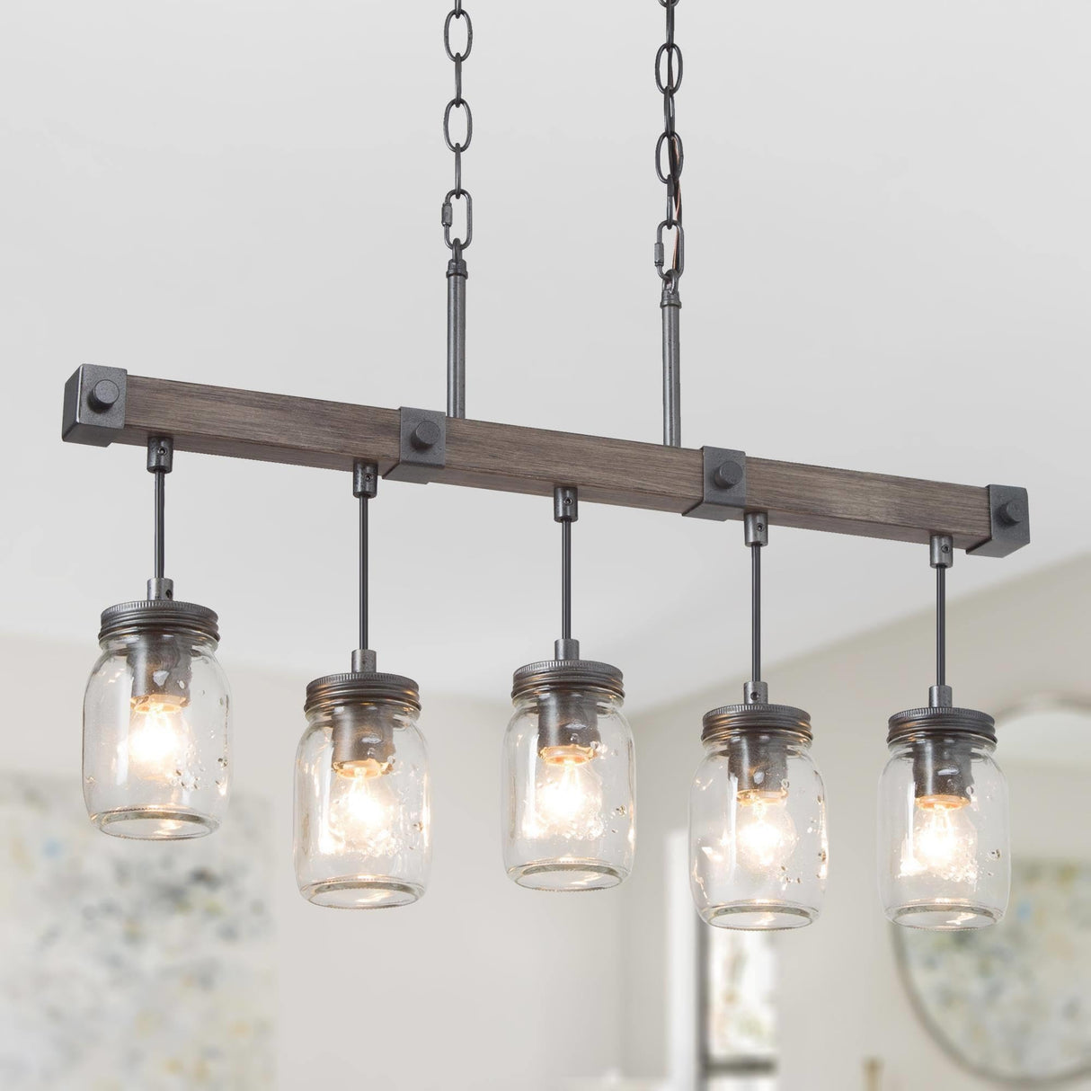 LOG BARN Farmhouse Chandeliers for Dining Room, 5 Light Mason Jar Kitchen Island Lighting, Rustic Faux Wood Island Lights for Kitchen LOG BARN