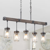 LOG BARN Farmhouse Chandeliers for Dining Room, 5 Light Mason Jar Kitchen Island Lighting, Rustic Faux Wood Island Lights for Kitchen LOG BARN