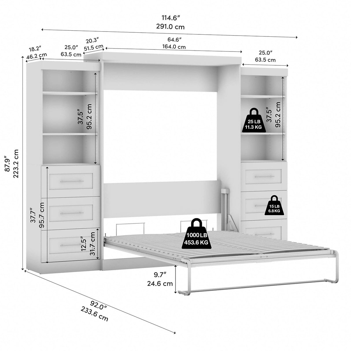 Bestar Pur Queen Murphy Bed and 2 Shelving Units with Drawers, 115-inch Space-Saving Sleeping Arrangement in Bark Grey Bestar