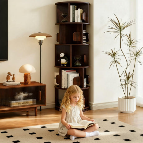 Solid Wood Rotating Bookshelf on Wheels, 5 Tier, Round Revolving Bookcase, 360° Spinning Book Shelf Tower for Kids,Narrow Storage Organizer for Bedroom, Living Room, WoodArtSupply