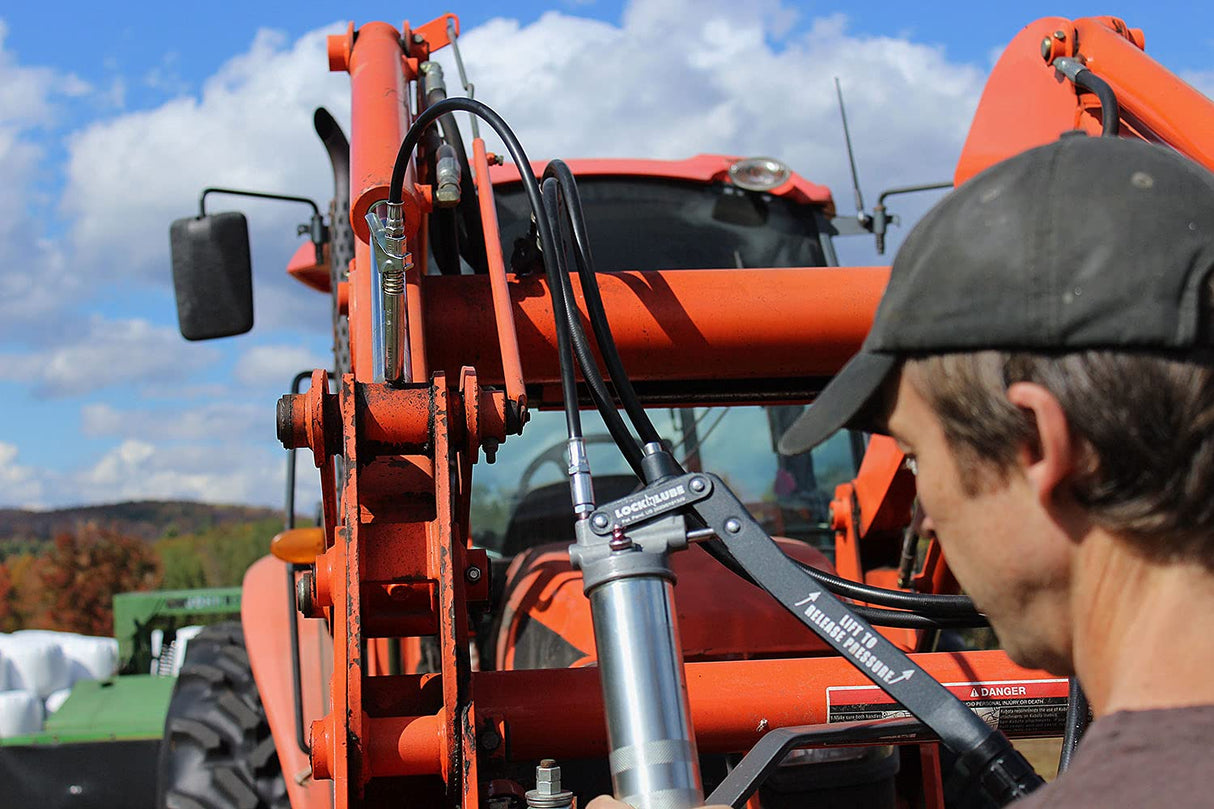 LockNLube Professional Series Lever Grease Gun. Includes Our Patented Grease Coupler (Locks on, Stays on, Won't Leak!) Plus a 20" Hose and in-line Hose Swivel. LockNLube