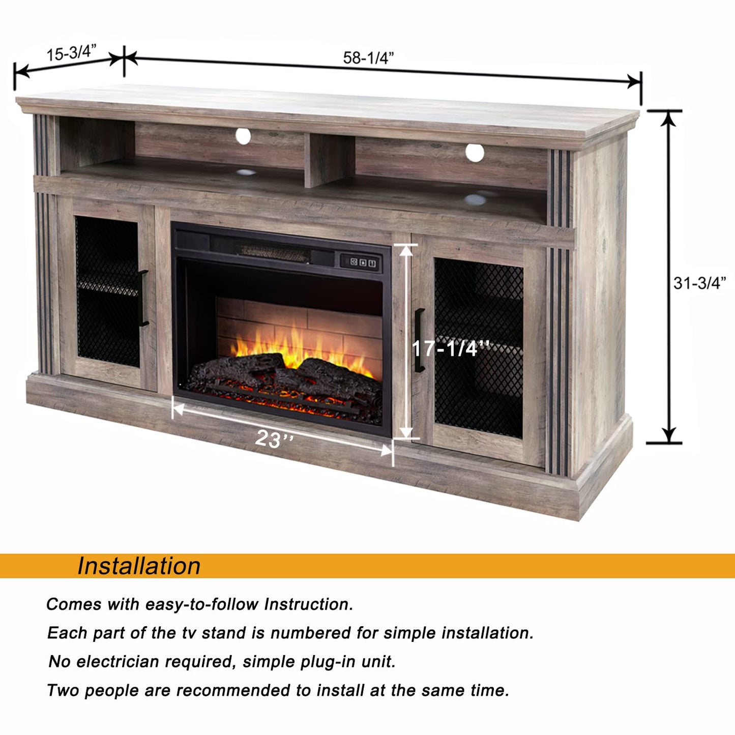 Cheerway 3D Fireplace TV Stand for TVs up to 65’’, Wooden Media Entertainment Center Table & TV Cabinets w/ 6 Storage Shelves & Barn Door, Electric Fireplace w/Remote Control & Adjustable Flame