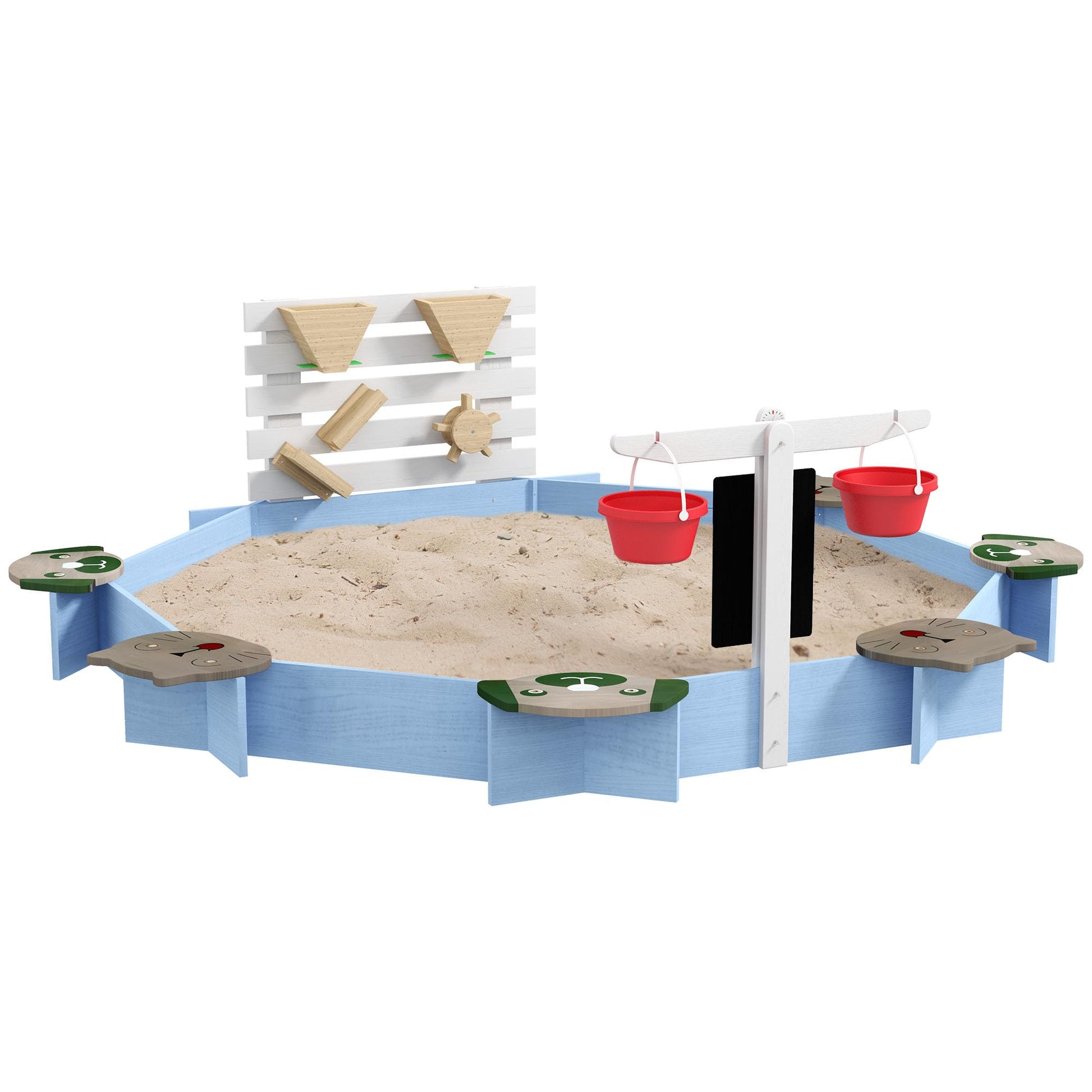 Outsunny Kids Wooden Sandbox with Cover, Large Outdoor Sand Boxes with 6 Animal Patterned Seats, Water & Sand Toys, Buckets, Blackboards, Sand Pit for Toddler 3-7, 85" x 85" x 25", Blue - WoodArtSupply