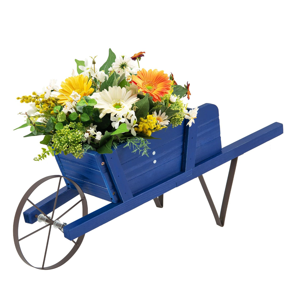 Giantex Wooden Wagon Planter, Small Wheelbarrow Wagon Flower, Indoor & Outdoor Raised Bed W/ 9 Magnetic Accessories, Wheel, 2 Handle, Wood Flower Cart Planter for Garden Backyard Holiday (Blue) Giantex